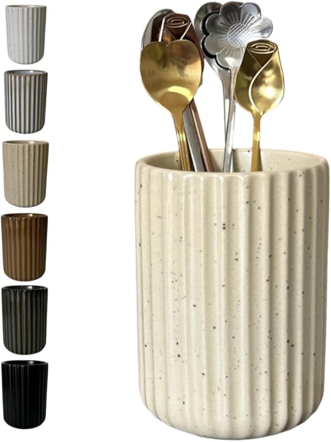Stoneware Coffee Bar Utensil Holder Tea & Coffee Spoon & Stirrer Holder for Stir Stick Straw Teaspoon Holder Spoon Cup Small Utensil Jar Fluted Vertical Stripe (Speckled Beige)