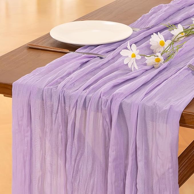 Socomi 3pcs Lilac Purple Lavender Cheesecloth Table Runner Christmas Boho Rustic Gauze 120 inch 10FT Cheese Cloth Runner for Wedding Party Baby Shower Birthday Home Decor Holiday Decorations