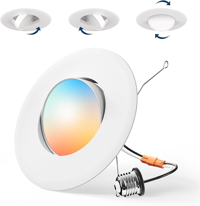 Amico 1 Pack 6 Inch Retrofit Eyeball Gimbal Can Lights, Adjustable Eyeball Directional 5CCT LED Recessed Lights, Dimmable, 2700K/3000K/3500K/4000K/5000K Selectable, 7W 650LM, ETL&FCC