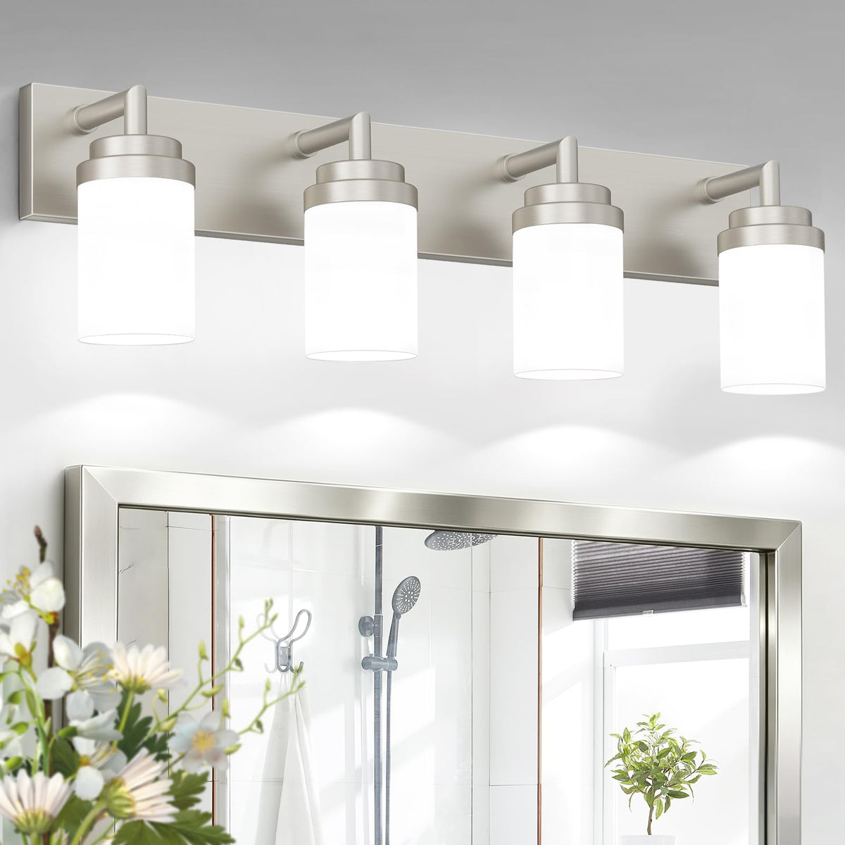 LKHF Bathroom Light Fixtures, Brushed Nickel Bathroom Lighting Fixtures Over Mirror, Modern Vanity Light with White Glass Shade, Restroom Lighting Fixtures, 4-Light 30-inch