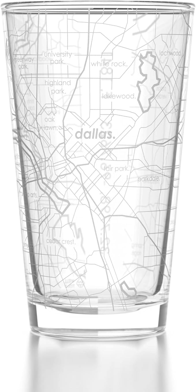 Well Told Engraved Dallas Texas Map Pint Glass, Etched Beer Gift (16 oz, Clear) City Map Pint, Custom City Glassware, Gifts For Beer Lovers