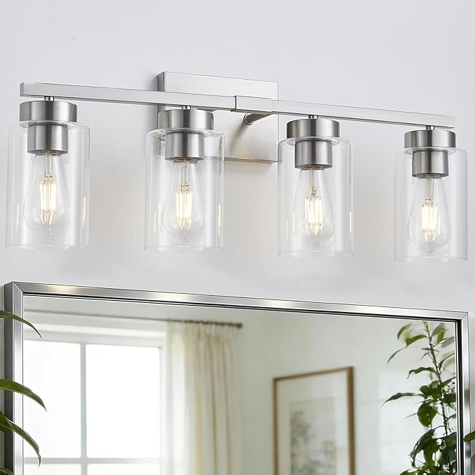4-Light Bathroom Light Fixtures, Nickel Modern Vanity Lights Over Mirror, Bathroom Wall Sconces with Clear Glass Shade for Living Room Bedroom Hallway Cabinet Porch