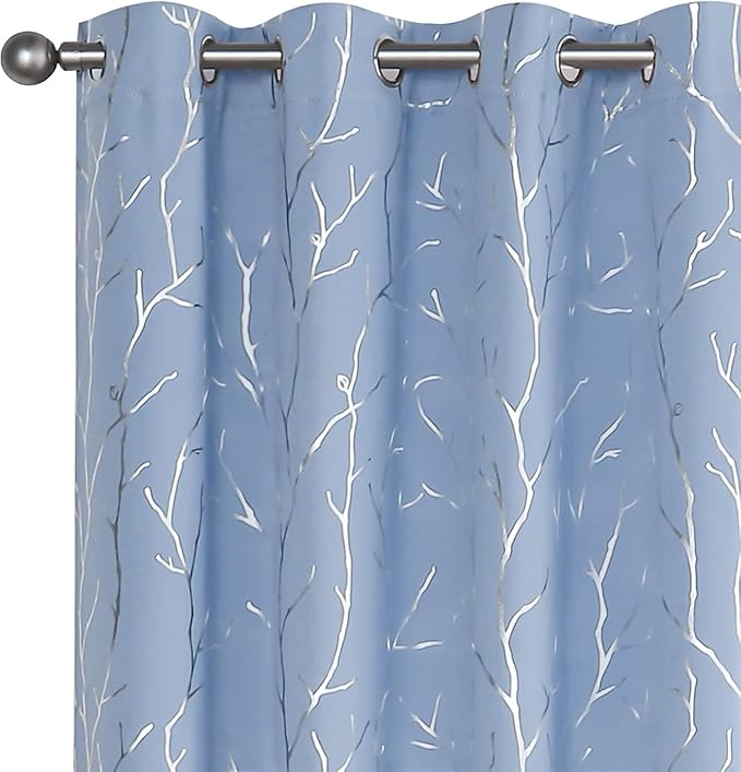 BUHUA Black Out Curtains 63 Inch Long 2 Panels, Soundproof Curtains with Elegant Silver Tree Branches Print, Heat Blocking Curtains for Livingroom, 38W x 63L, Baby Blue