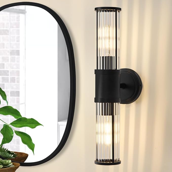Black Wall Sconce Bathroom Vanity Light Fixtures for Mirror, Modern Wall Light with Glass Rod Shade for Bathroom, Bedroom, Hallway, Living Room - Bulb Not Included
