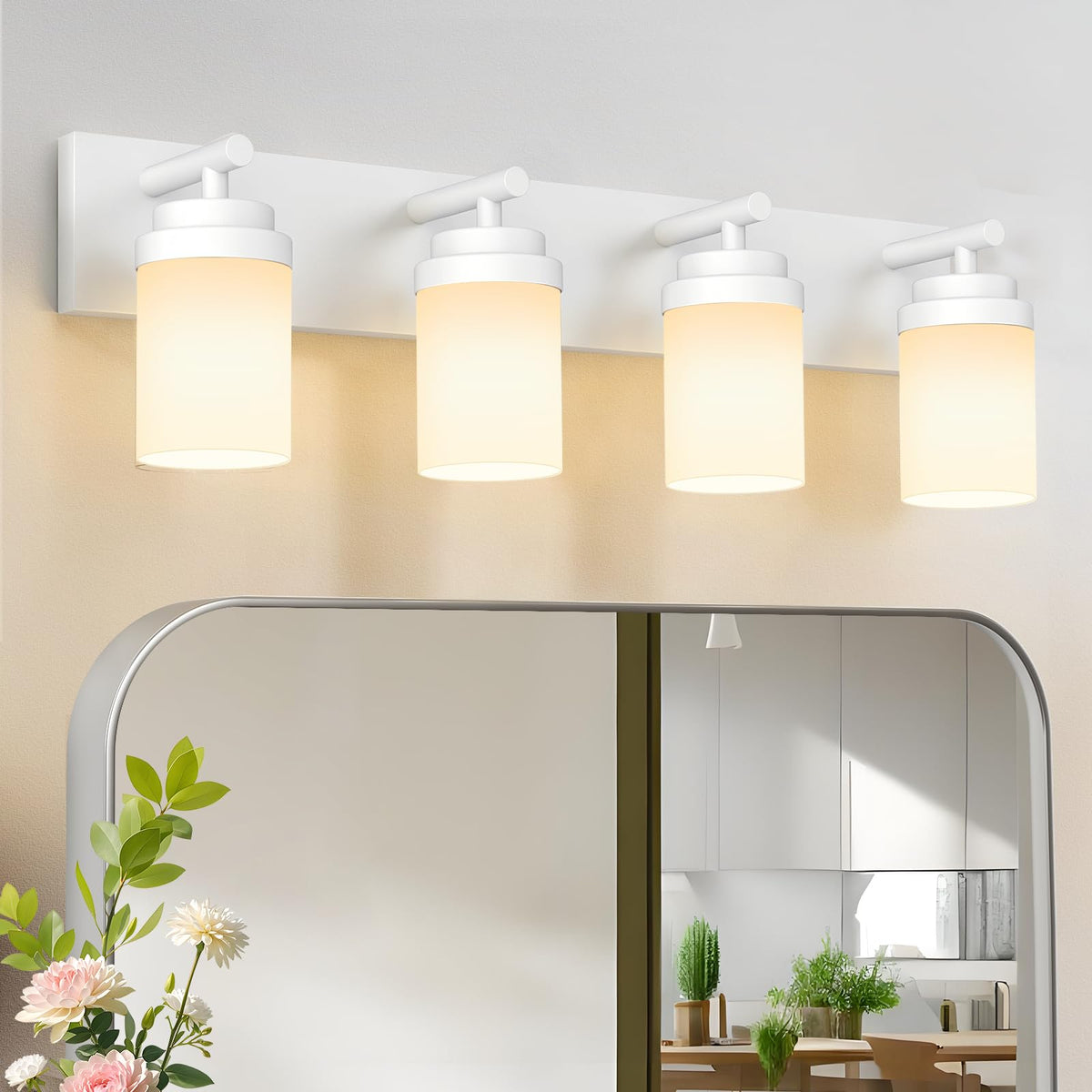 IZORRO Bathroom Light Fixture White, White Glass Shade 30-Inch 4-Light