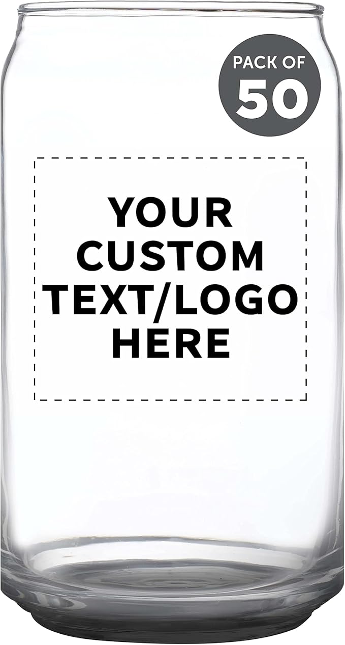 Custom Beer Can Glasses Set of 50, 16 oz. Pint Sized, Promotional Text, Logo, Soda Can Shape, Glassware, Black