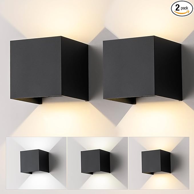 2 Pack LED Outdoor Wall Sconces Exterior/Interior,Modern Black Square Aluminum Wall Light Fixture Set,Variable Beam IP65 Waterproof Lights.15W 3-Color-Changeable Up and Down Outdoor Lighting Fixtures.