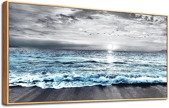 Large Framed Canvas Wall Art for Living Room, Office, Bedroom - Black and White Paintings, Blue Ocean Sea Wave Pictures, Modern Beach Posters - Home Decor Artwork