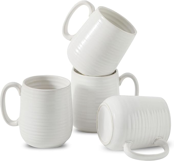 HASENSE Coffee Mugs, 12 Ounce Ceramic Coffee Cups Set of 4, Latte Mug with Handle for Milk, Cocoa, Cappuccino, Tea Cup for Wedding Gift, Dishwasher Microwave Safe, Clay-Infused White