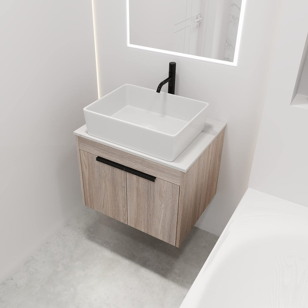 24" Floating Bathroom Vanity with Ceramic Basin, Under Sink Storage Cabinet with Drawer and Shelf, Wall-Mount Bathroom Vanity Sink Set, Bathroom Combo Cabinet, Plywood