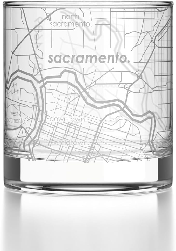 Well Told Engraved Sacramento California Map Rocks Glass, Old Fashioned Glassware (11 oz, Clear) Etched Bourbon Tumbler, Gifts For Whiskey Lovers