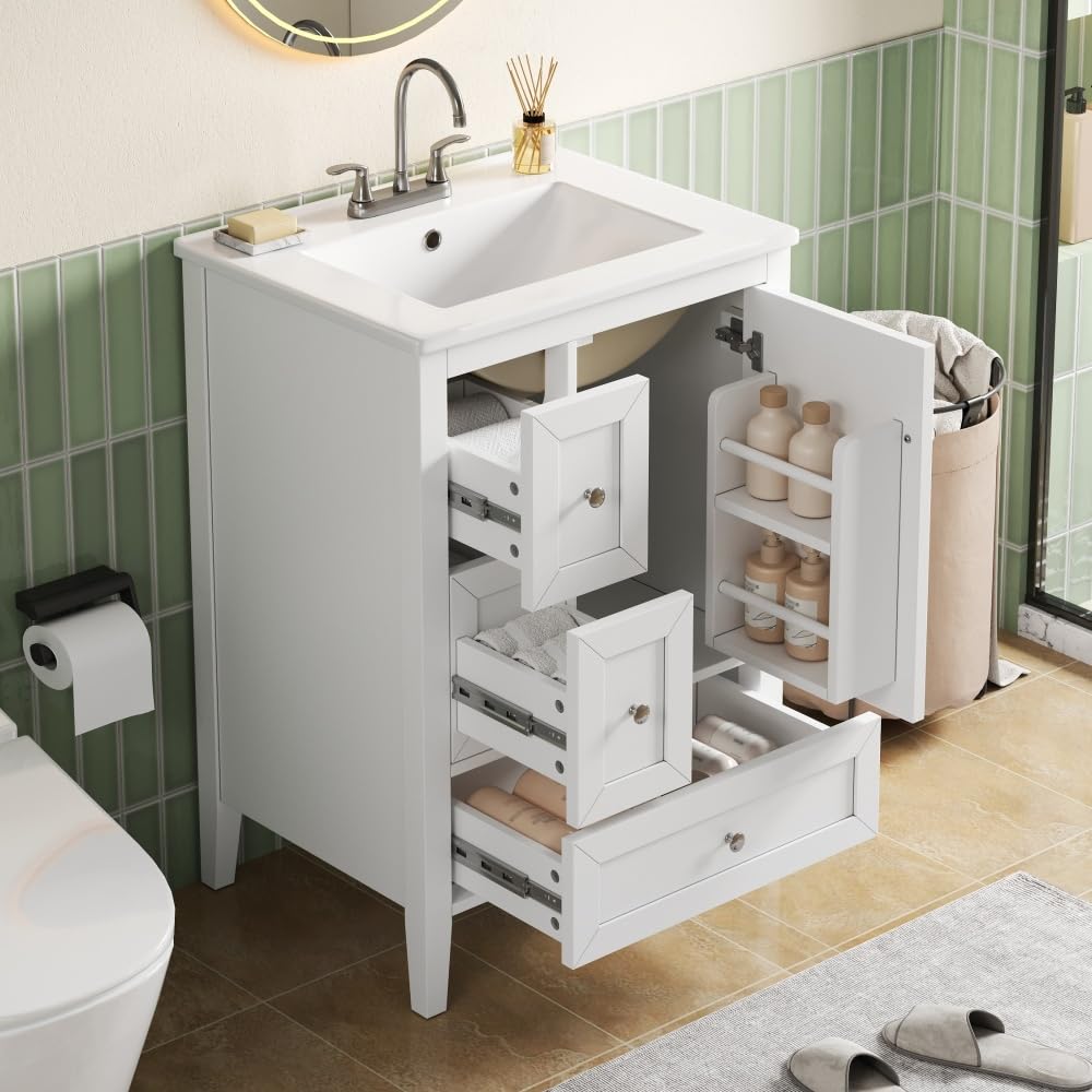 Virubi 24in Bathroom Vanity with Sink, Modern Wood Bathroom Sink Cabinet with Soft Closing Door & Drawers, Freestanding (White)