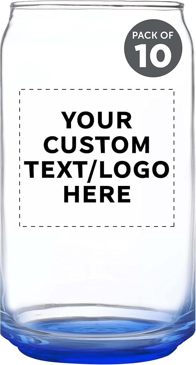 Custom Beer Can Glasses Set of 10, 16 oz. Pint Sized, Promotional Text, Logo, Soda Can Shape, Glassware, Blue