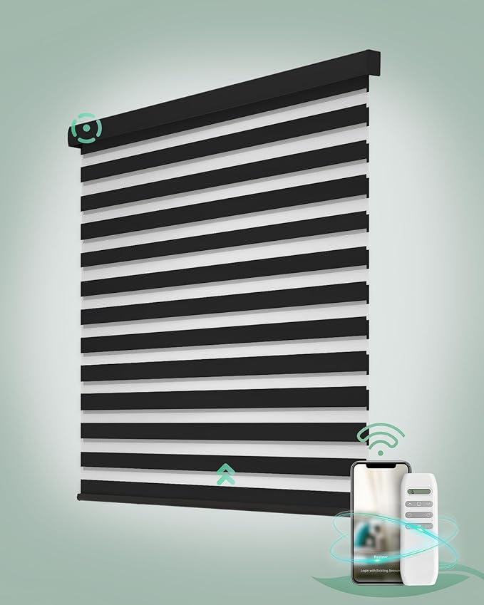 Yoolax Motorized Zebra Blinds, Remote Zebra Shades for Indoor Windows, Motorized Shades with Remote Light Control Horizontal Window Blinds Custom Size(70% Shading Wool Black)
