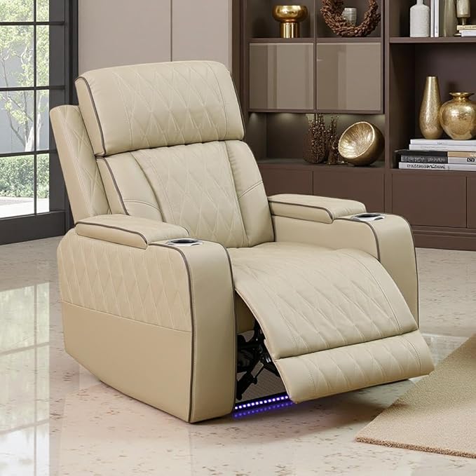 Power Recliner Chair Set, Beige Leather Reclining Sectional Couch with Adjustable Angle, Living Room Furniture Sets, Modern Reclining Single Chair with Comfy Armrests and Backrests for RV