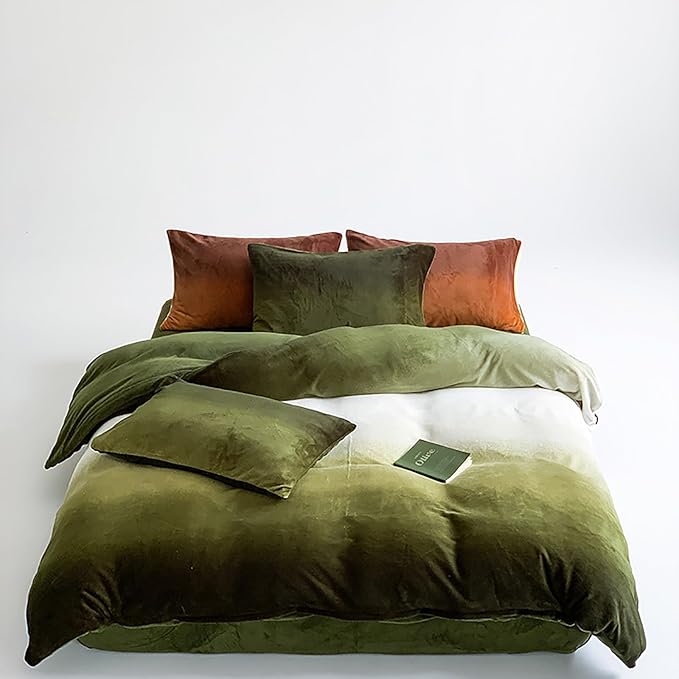 Luxlovery Green Gradient Velvet Comforter Full Fluffy Plush Flannel Bedding Set Full Men Women Army Green White Winter Warm Blanket Quilts Thick Abstract Modern Comforter Set