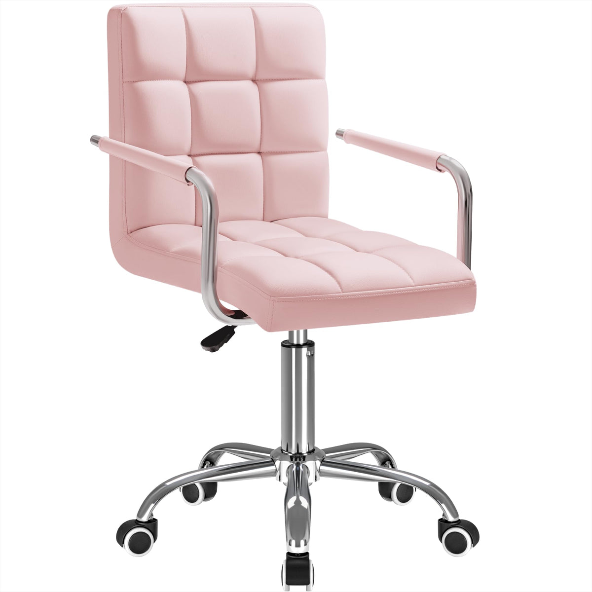 Furmax Mid-Back Office Task Chair Ribbed PU Leather Executive Chair Modern Adjustable Home Desk Retro Comfortable Work Chair 360 Degree Swivel with Arms (Light Pink)
