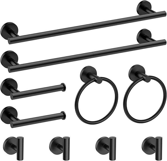 Newfun 10-Pieces Bathroom Hardware Set, Includes 24 Inch Towel Racks for Bathroom Wall Mounted, Toilet Paper Holder, Towel Hooks for Bathrooms, Towel Rings for Bathroom Wall (Matte Black)