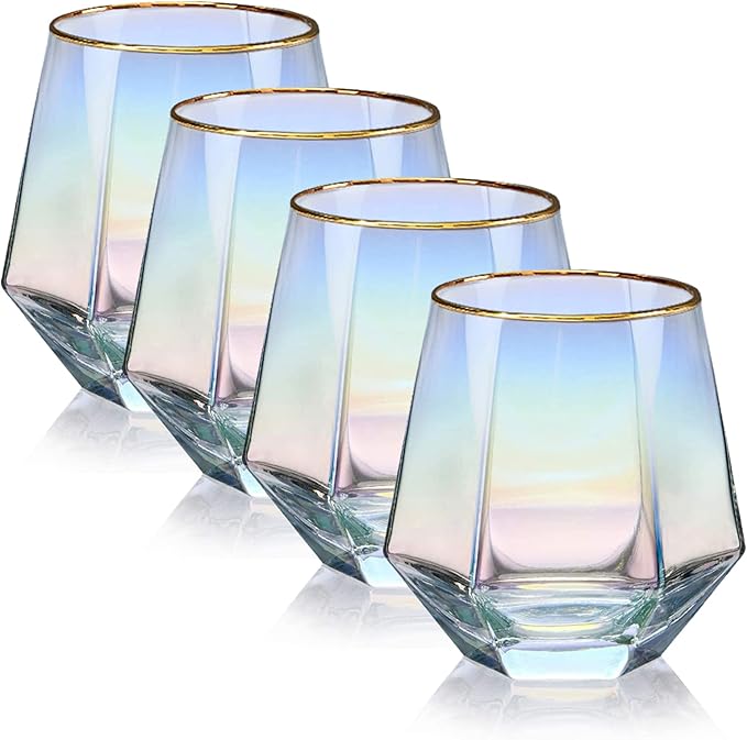 XKXKKE Diamond Wine Glasses Set of 4, 10 OZ Modern Stemless Gold Rim Glass Cups Iridescent Drinking Glassware for Serving Party, Home, Bar, Restaurants, Gift, Rainbow Tumbler, Colorful 4 Pack