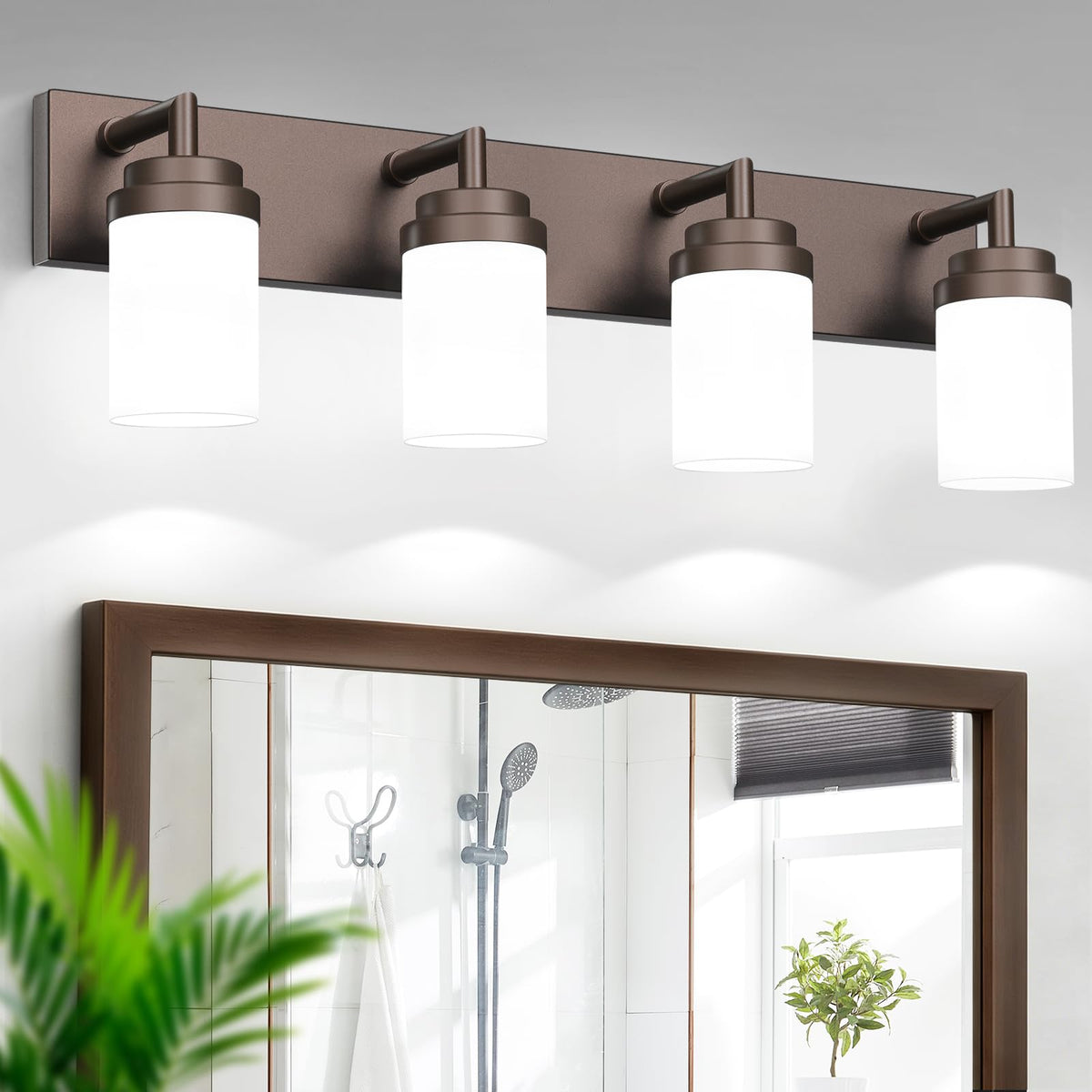 LKHF Bathroom Light Fixtures, Oil Rubbed Bronze Bathroom Lighting Fixtures Over Mirror, Modern Vanity Light with White Glass Shade, Restroom Lighting Fixtures, 4-Light 30-inch