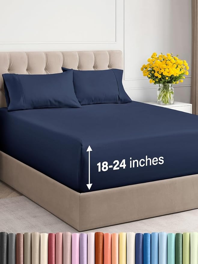 Extra Deep Twin XL Sheet Set - 4 Piece Breathable and Cooling Sheets - Hotel Luxury Bed Sheets Set - Easy Fit - Soft, Wrinkle Free and Comfy Sheets Set - Navy Blue Sheet Set with Extra Deep Pockets