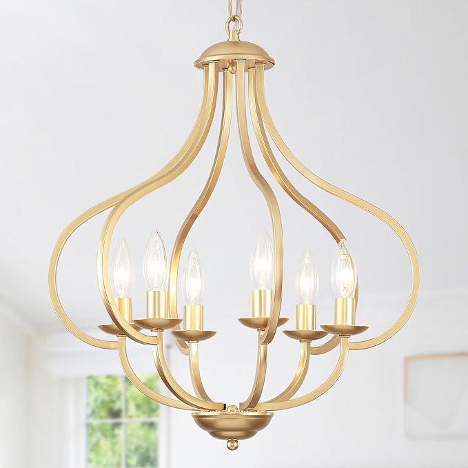 18‘’ Antique Gold Farmhouse Chandelier, 6 Light Dining Room Light Fixtures Modern Industrial Candle Pendant Lights Kitchen Island, Bedroom, Foyer, Living Room, Entryway
