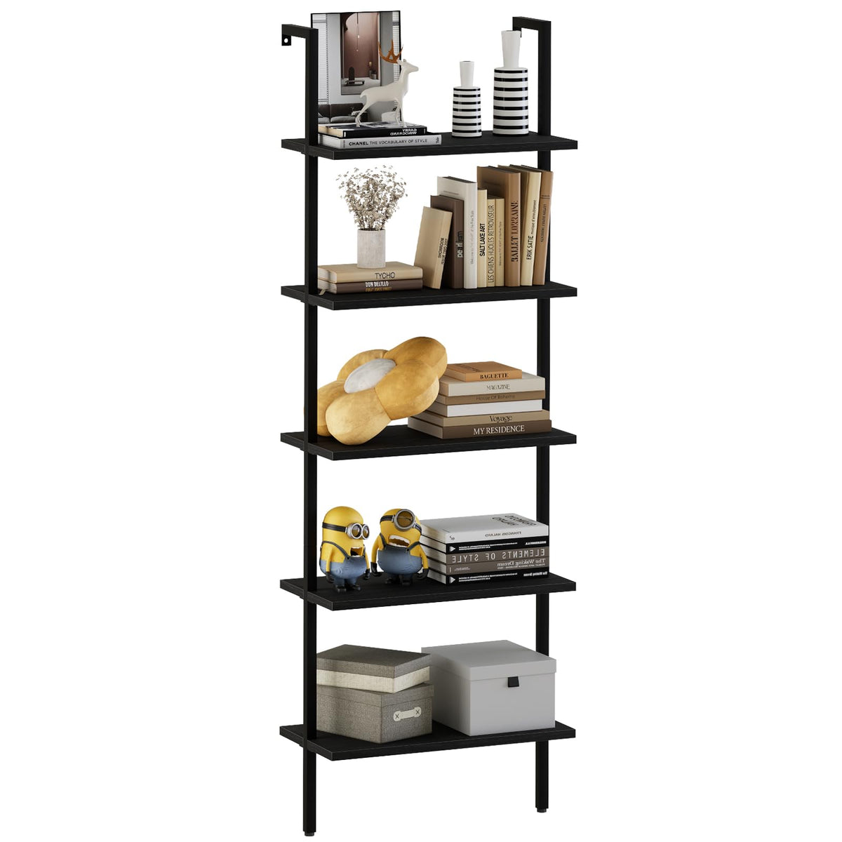 aboxoo Ladder Shelf Open 5-Tier Bookshelf Wall-Mounted Black Wood Bookcase Storage Rack Open Industrial Modern Plant Stand Utility Organizer Bookcase Metal Frame Furniture Office Bedroom