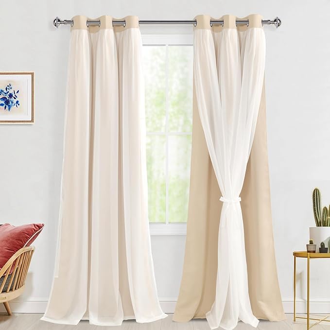 Hiasan Blackout Curtains with White Sheer Overlay, Mix & Match Double Layer Thermal Insulated Window Panels 96 inches Long for Bedroom Living Room, 2 Window Panels with Tiebacks, Beige, 42W X 96L