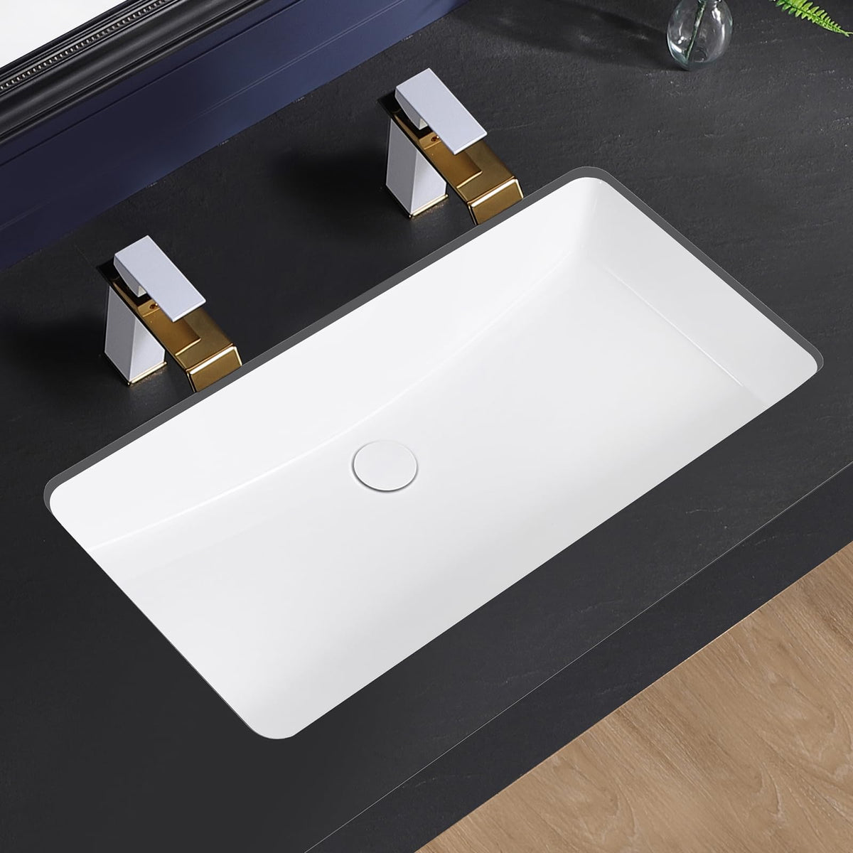 KMOEM Undermount Bathroom Sink 32x17 Inch Small Bathroom Sink White Porcelain Ceramic Bathroom Under Counter Lavatory Vanity Sink Basin Rectangular Undermount Sinks with Overflow