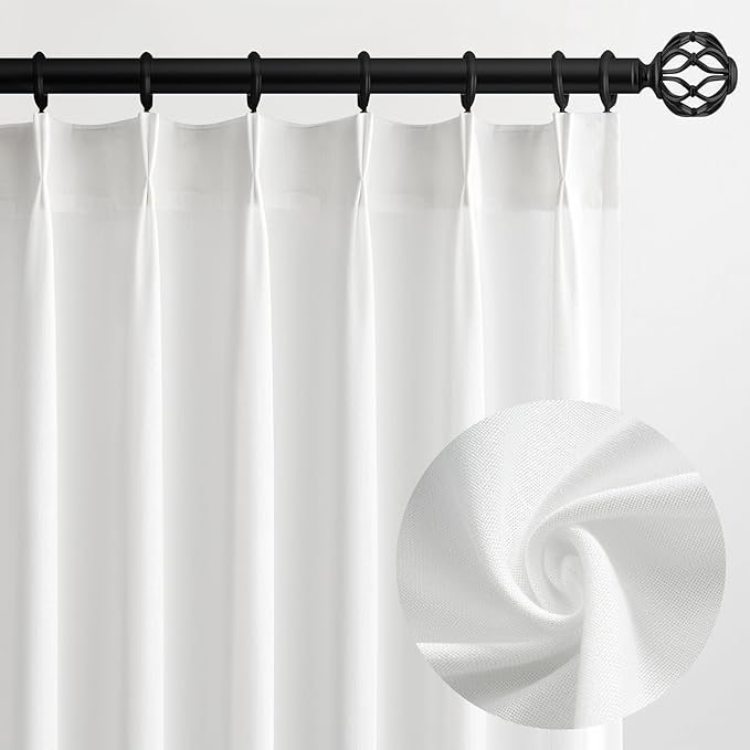 Topfinel Pinch Pleated Curtains 100 Inches Long 2 Panels Set,White Cream Semi Sheer Cotton Blend Fabric Aesthetic Advanced Curtain Drapes for Living Room Bedroom,40x100 inch Length