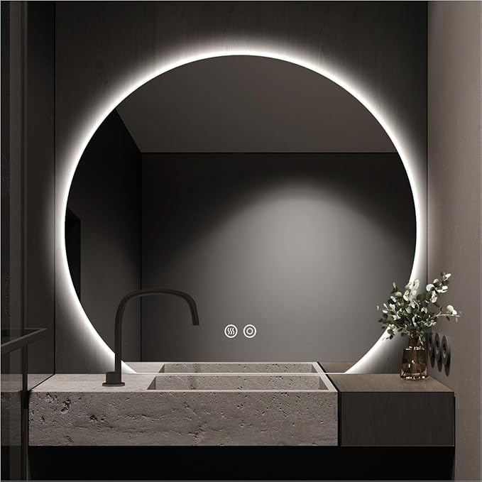 32" x 36" Half Moon Round LED Bathroom Mirror for Wall, Irregular LED Mirror with Anti-Fog, 3-Color Dimmable, Semi Circle Frameless Vanity Mirror, Explosion-Proof, CRI≥93