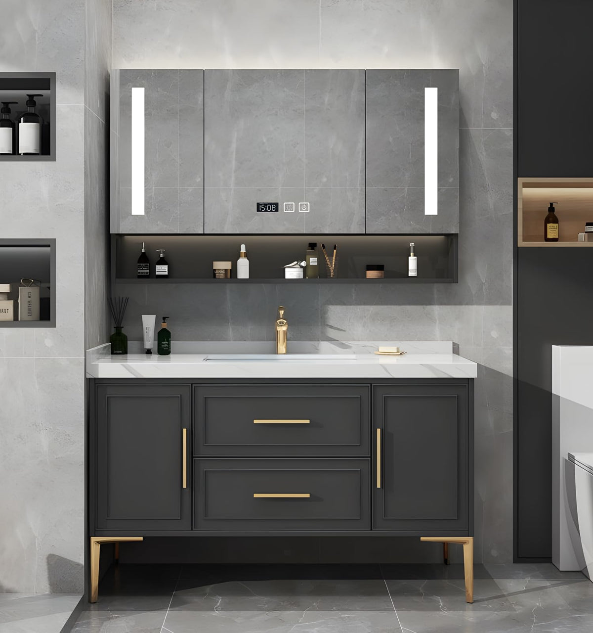 Freestanding Bathroom Vanity with Sink, Solid Wood Bathroom Vanity with Intelligent Anti-Fog Mirror Cabinet and Floating Shelf, Traditional Vanities Set, Countertop & One-Piece Sink (Black,28")