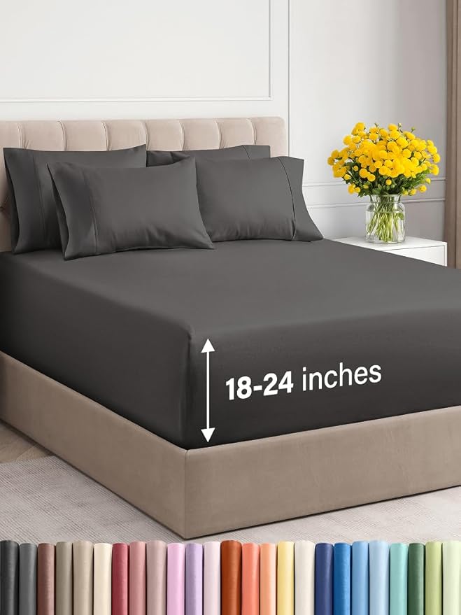 Extra Deep Cal King Sheet Set - 6 Piece Breathable and Cooling Sheets - Hotel Luxury Bed Sheets Set - Easy Fit - Soft, Wrinkle Free and Comfy Sheets Set - Charcoal Sheet Set with Extra Deep Pockets