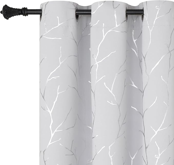 BUHUA White Blackout Curtain Panels, Room Darkening Curtains 96 Inches Long Grommet, Thermal Insulated Window Curtains with Silver Tree Branches Print, 38W x 96L, Greyish White, 2 Panels