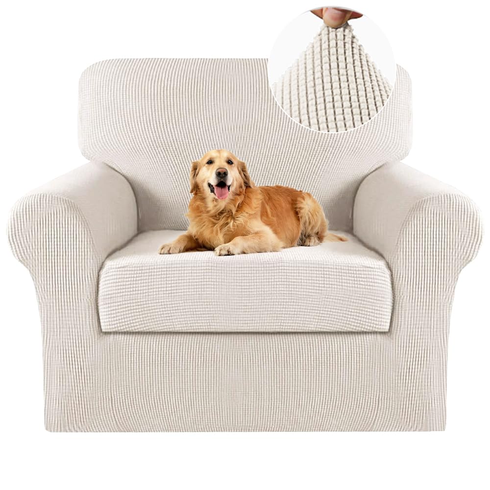 Turquoize 2 Piece Chair Covers Chair Slipcovers for Living Room Armchair Sofa Covers Chair Couch Cover with Arms Washable Furniture Protector for Chairs Feature Thick Jacquard Fabric (Chair, Ivory)