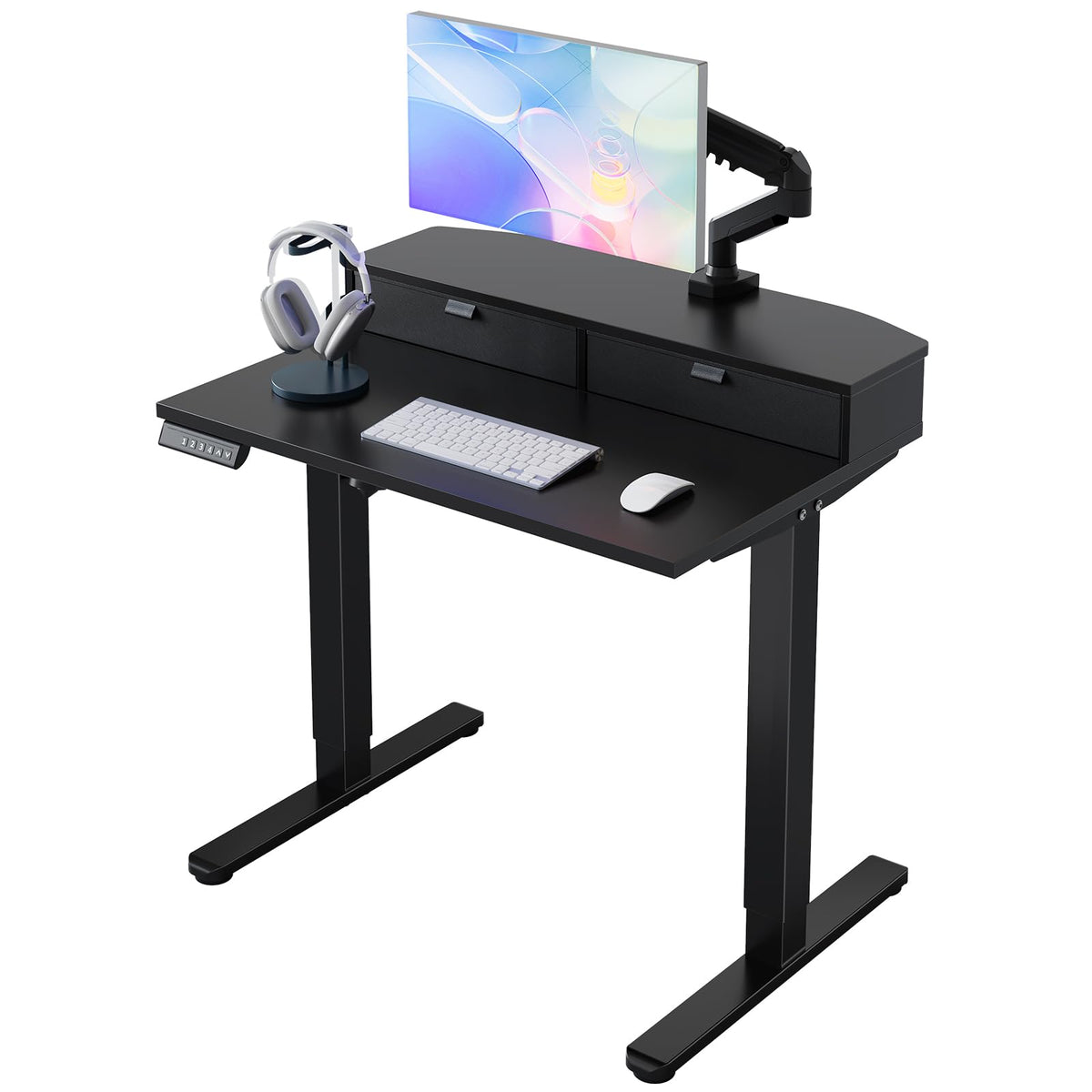 HUANUO 32" X 21" Electric Standing Desk with 2 Drawers, C-Clamp Mount Compatible, Height Adjustable Computer Desk, Home Office Stand Up Desk with 4 Preset Heights & 2 Hooks, Black