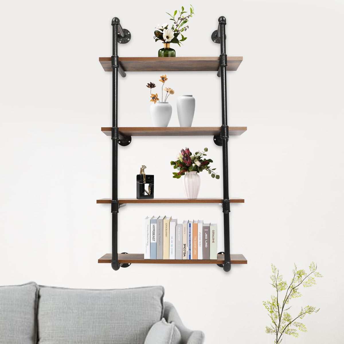 4 Tier Industrial Pipe Shelving Wall Mounted, Rustic Metal Floating Shelves, Real Wood Book Shelves, Wall Shelf Unit Bookshelf Hanging Wall Shelves, Farmhouse Kitchen Bar Shelving (24*9.8*43.2 inch)