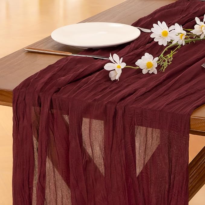 Socomi 3pcs Burgundy Red Christmas Cheesecloth Table Runner Boho Rustic Gauze 120 inch 10FT Cheese Cloth Runner for Wedding Party Baby Shower Birthday Home Decor Holiday Decorations