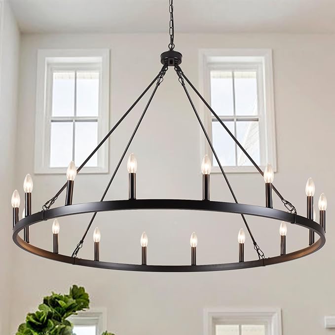 16-Lights Wagon Wheel Chandelier 47 Inch Black Chandelier Light Fixture Farmhouse Chandeliers for Living Room Foyer Chandeliers for High Ceilings Round Pendant Light for Dining Room Entryway