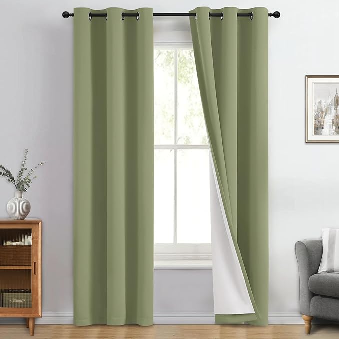 Yakamok 100% Blackout Curtain Panels 96 inches Cold and Light Blocking Drapes for Nursery, 2 Thick Layers Thermal Insulated Draperies (2 Pieces, 40 Wide Each Panel, Sage Front with White Backing)