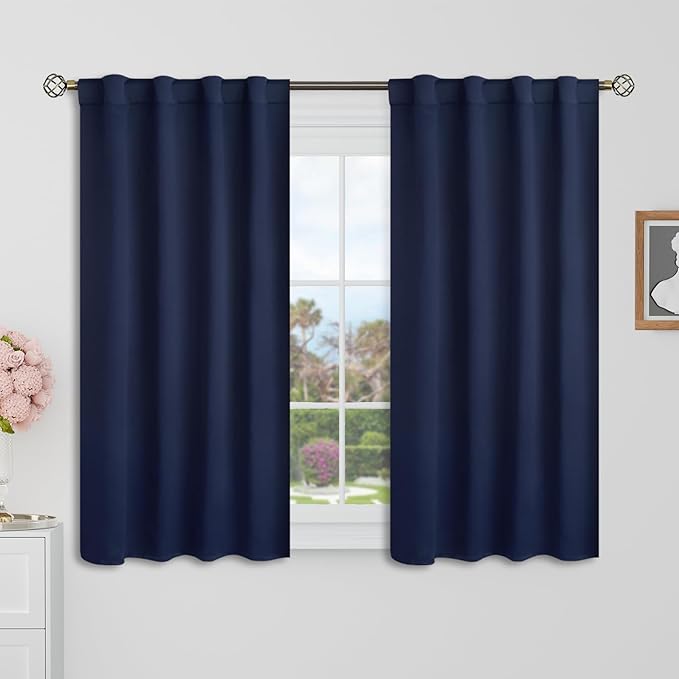 BGment Navy Blue Blackout Short Curtains Panels for Kitchen - 34 x 45 Inch Curtains Thermal Insulated Noise Reducing Energy Efficiency Rod Pocket and Back Tab Drapes for Cafe/Bedroom, 2 Window Panels