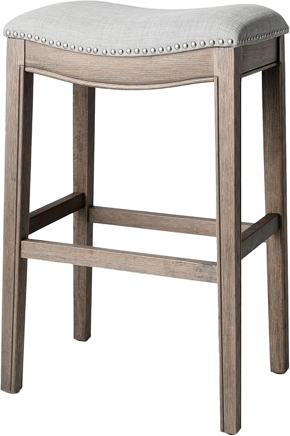 Maven Lane Adrien Backless Bar Stool – 31 Inch Saddle Seat with Footrest – Grey Solid Wood Frame & Grey Fabric Upholstery – Ideal for Bars, Pub Tables & Tall Kitchen Counters