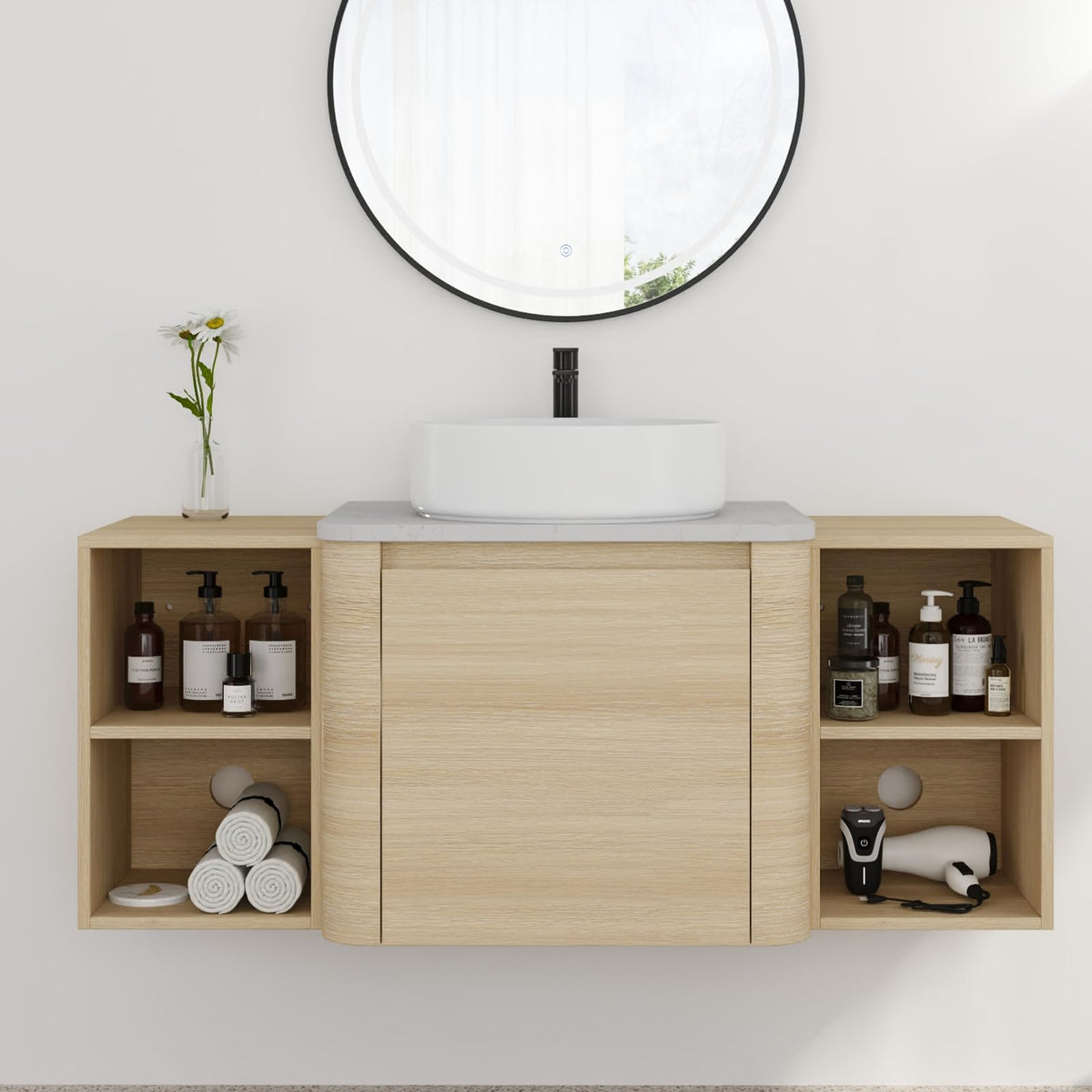 48" Bathroom Sink Cabinet with Vessel Sink Modern Floating Bathroom Vanity Combo with Open Shelf, Wall Mounted Storage Cabinet Set with White Ceramic Basin, Brown