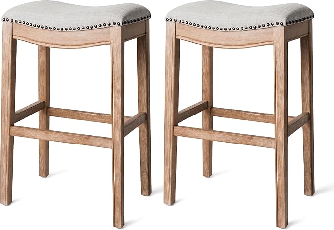 Maven Lane Adrien Backless Bar Stool – Set of 2 – 31 Inch Saddle Seat with Footrest – Brown Solid Wood Frame & Natural Fabric Upholstery – Ideal for Bars, Pub Tables & Tall Kitchen Counters