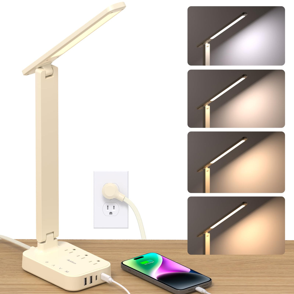 Addtam LED Desk Lamp, Power Strip with 3 Outlets 4 USB Charging Ports(2 USBC), 4 Modes 5 Level Brightness Touch Lamp, Small Desk Lamp for Home Office College Dorm Room Essentials, Cream