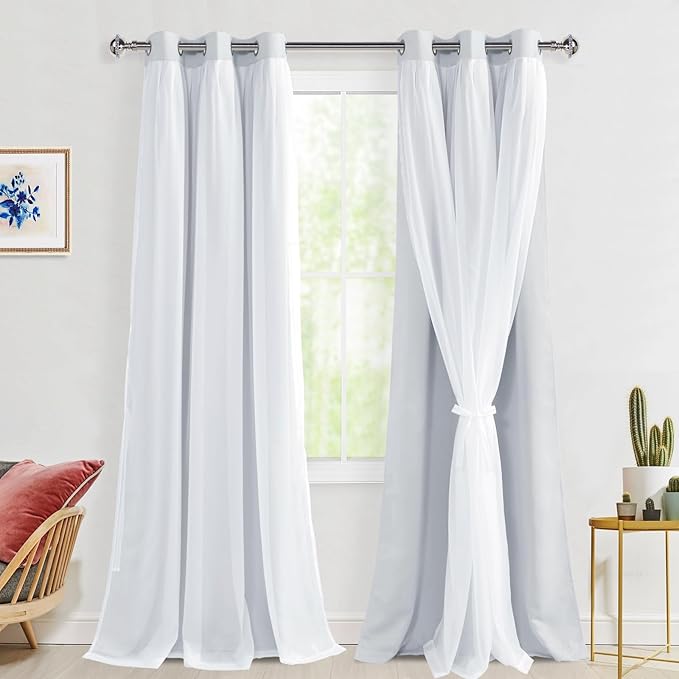 Hiasan Greyish White Blackout Curtains with Sheer Overlay, Mix and Match Double Layer Room Darkening Curtains for Bedroom Living Room 2 Window Panels Sewn with Tiebacks Grommet Top, 42W X 96L
