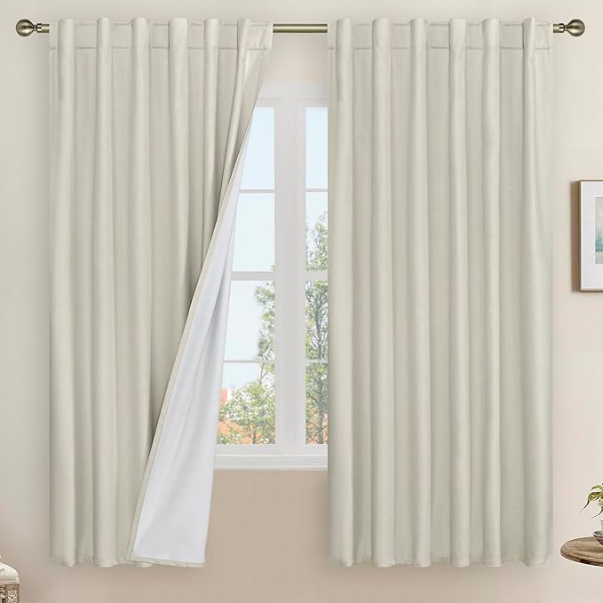 LAMIT 100% Blackout Natural Linen Curtains, 68 Inches Linen Textured Thermal Bedroom Curtains Back Tab and Rod Pocket Neutral Panels with White Liner for Farmhouse, 2 Panels, 52 x 68 Inch, Stone