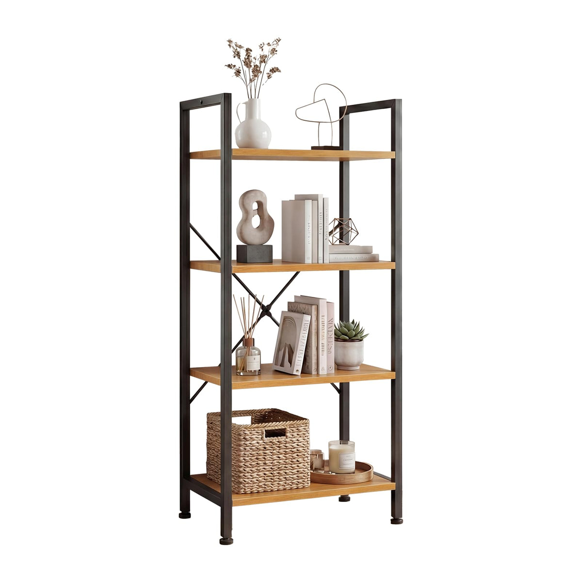 DUMOS 4 Tiers Open Bookshelf, Classic Freestanding Tall Display Shelf, Multifunctional Storage Organizer Rack for Living Room Home Office, Sturdy Bookcase for Books/Movies, Wood