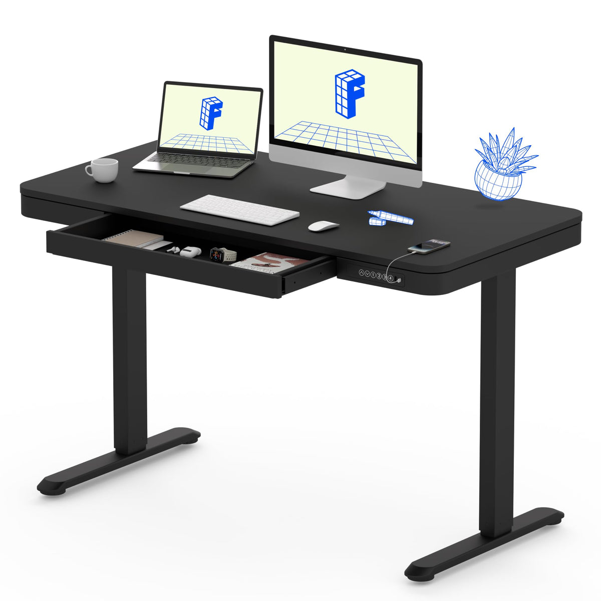 FLEXISPOT Comhar 48" Electric Standing Desk with Drawers, USB Charging Ports, Quick Assembly, Height Adjustable Sit Stand Computer Desk with Child Lock for Contemporary Home Office, Black