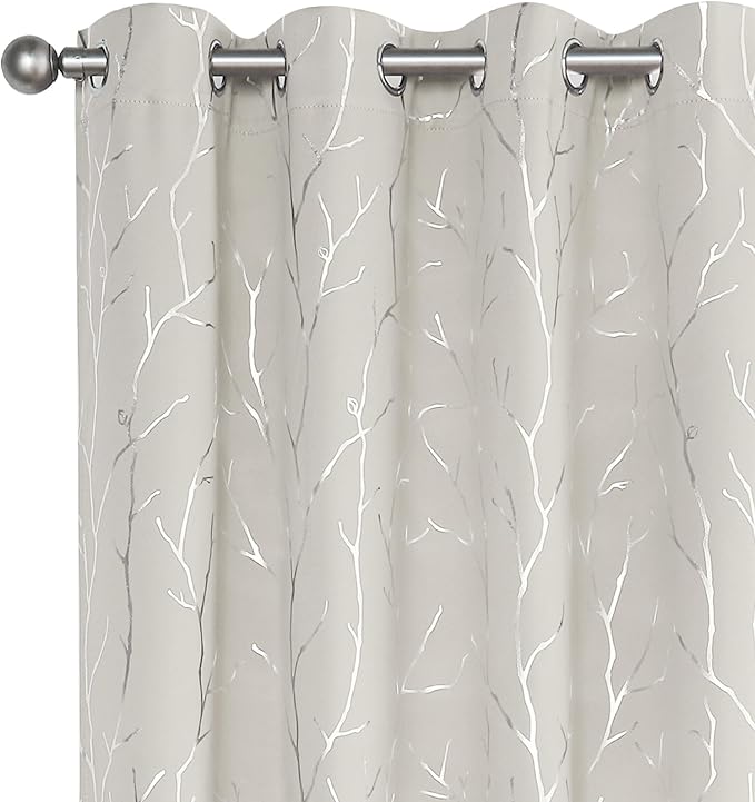 BUHUA White Black Out Curtains 72 Inch Long 2 Panels, Soundproof Curtains with Elegant Silver Tree Branches Print, Heat Blocking Curtains for Livingroom, 52W x 72L, Natural